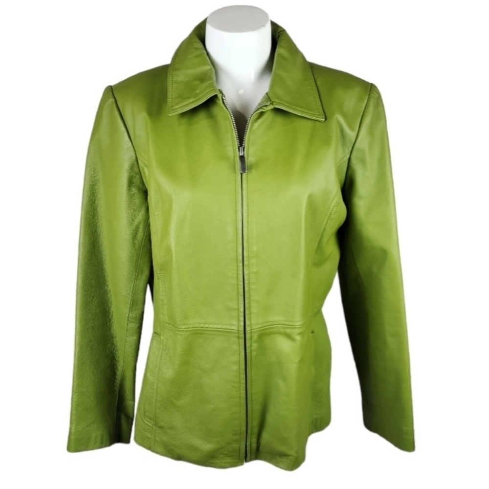B by Bernardo Leather Jacket Zip Front Lime Green Size Medium Preppy Luxe